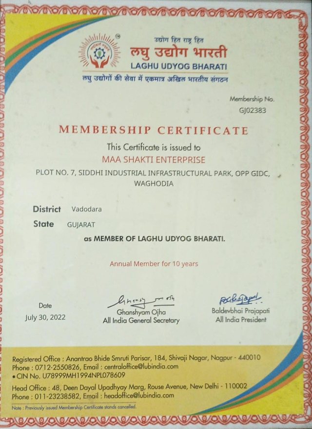 Laghu Udyog Bharati Membership Certificate issued to Maa Shakti Enterprise